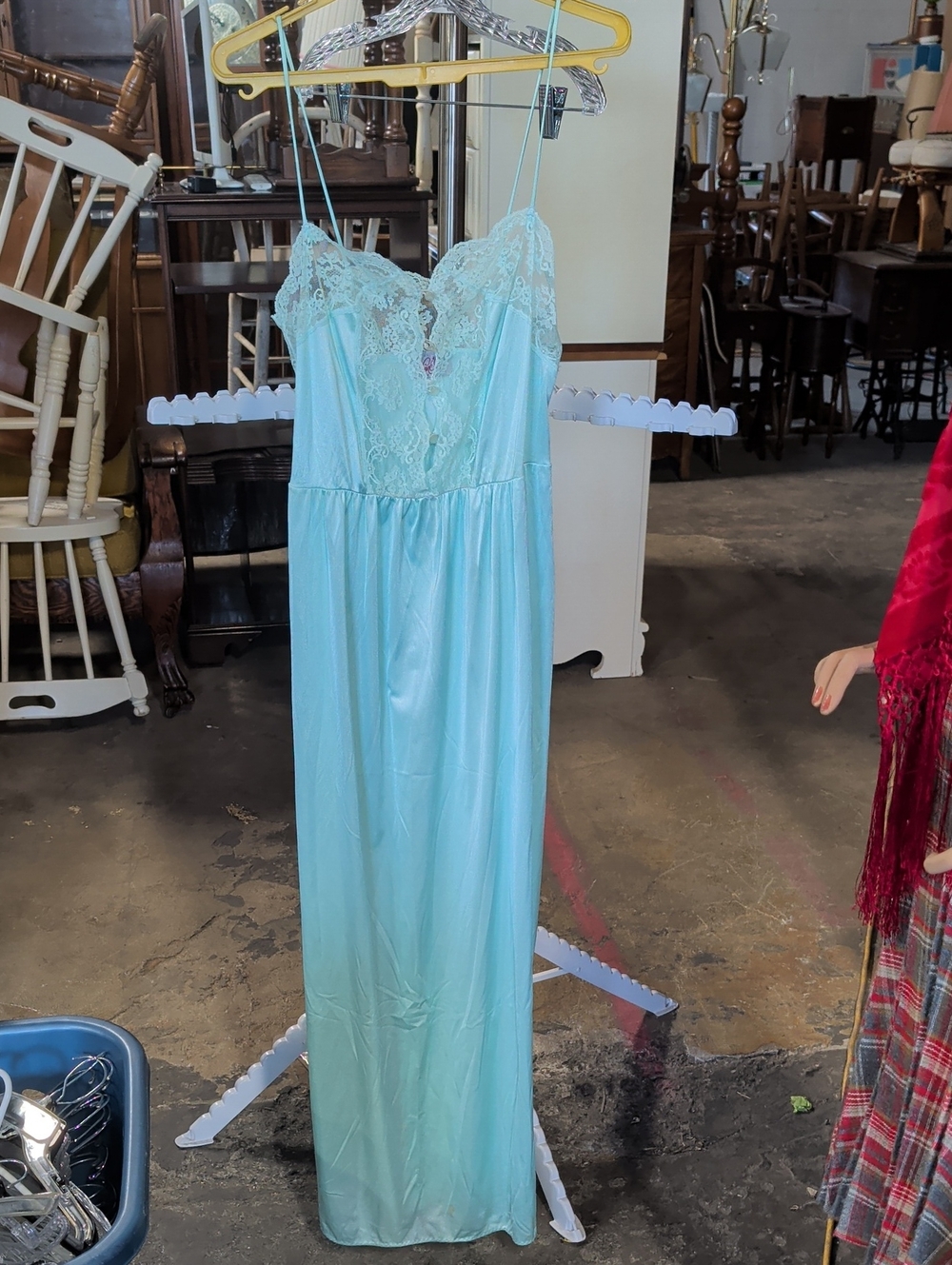 Vintage 70s Cinema Star Aqua Blue Button Placket Lace Front Maxi Nightgown